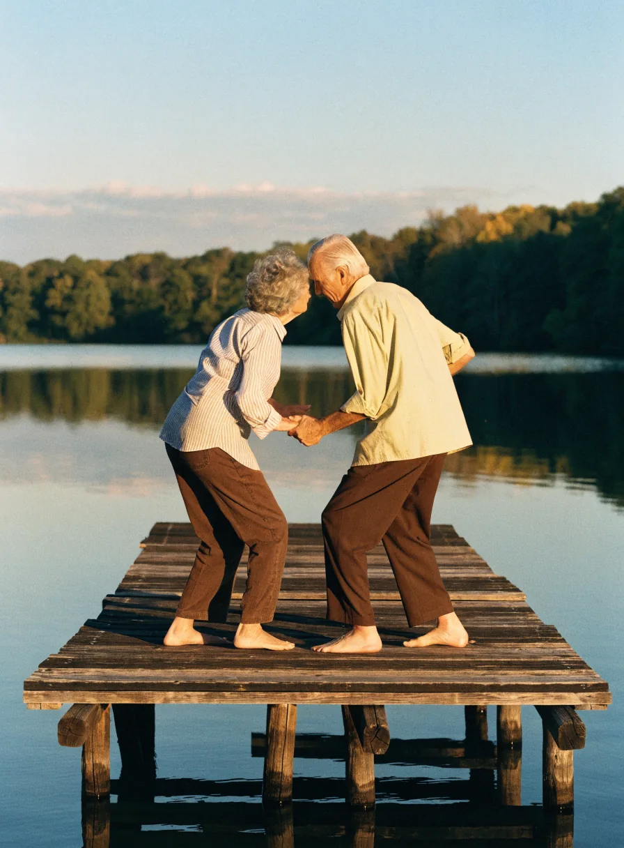 Un couple âgé danse sur un ponton au bord d’un lac, en entier.