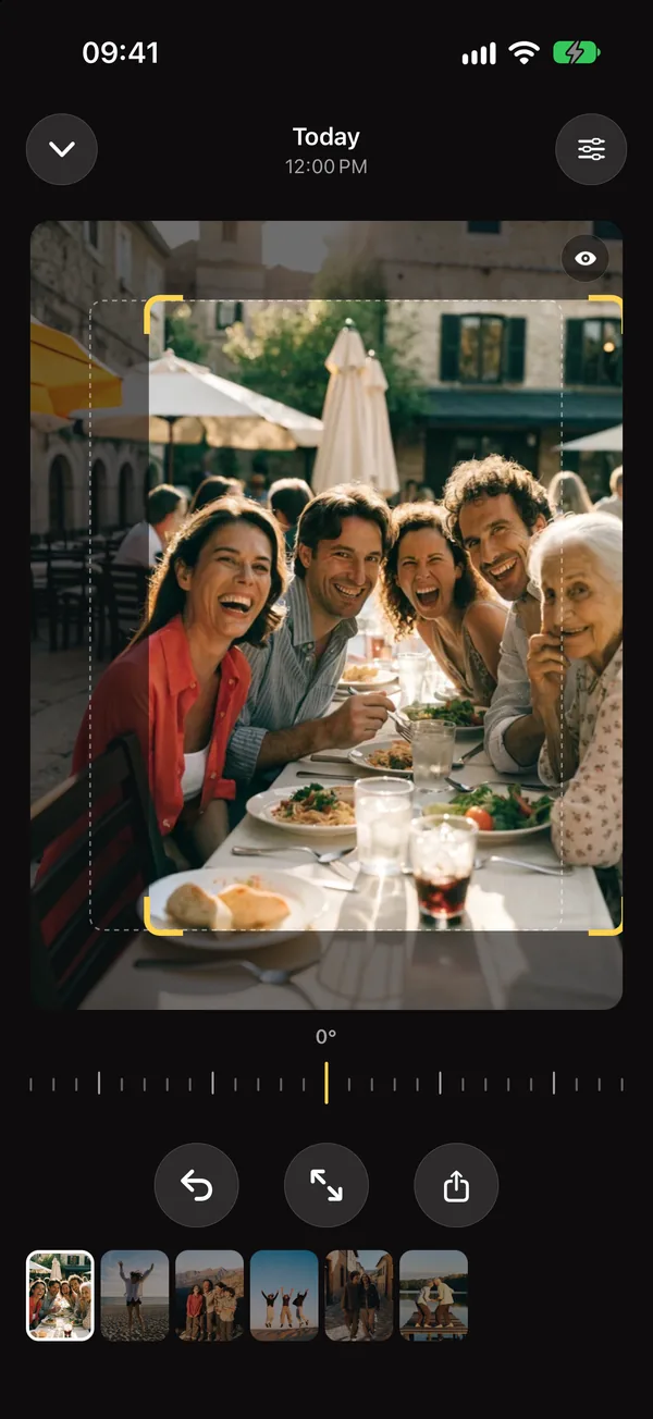 The photos screen in Don’t Crop Me: the full capture of a restaurant table, the yellow frame of the kept photo, and the horizon dial.